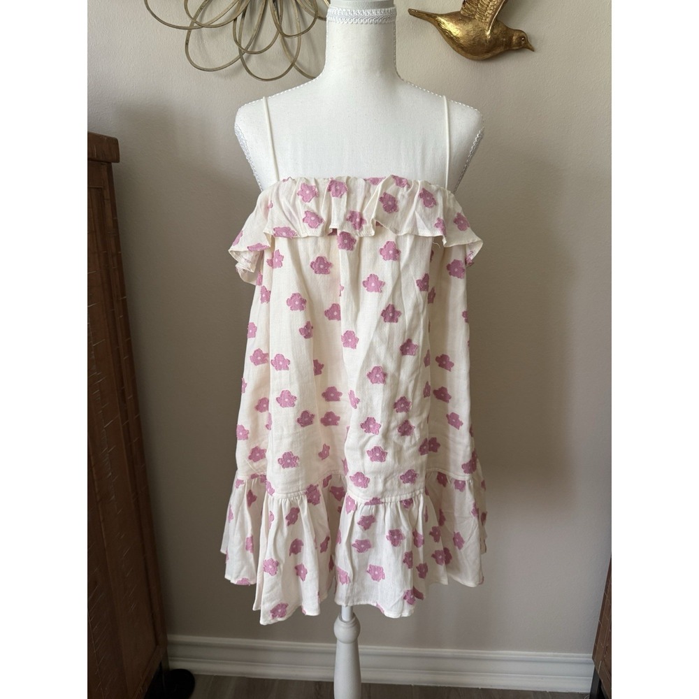 For Love & Lemons Olea Mini Dress XS White Pink Floral Cotton Ruffle Strappy